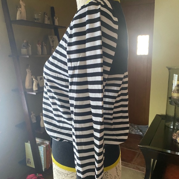 EUC Elliott Lauren 3/4 sleeve button cardigan- Black/white stripe w/yellow trim - Picture 6 of 7